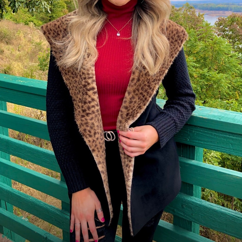 Fashion Nova Leopard Print Knit Suede Black Cardigan Sweater